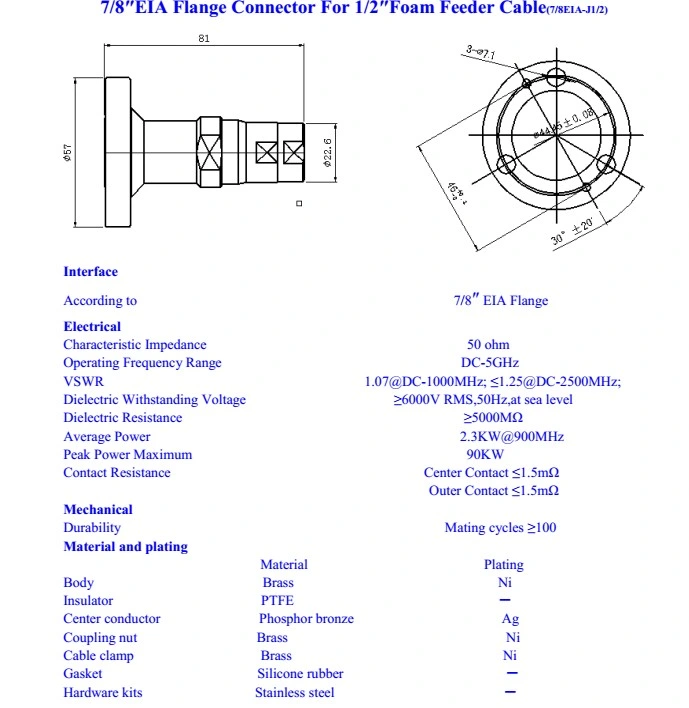 Antenna Wire Electrical Waterproof RF Coaxial 7/8" Eia Flange Connector for 1/2" Feeder Cable Ldf4-50A Cable